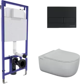 Комплект унитаза Berges EGO XL Rimless с инсталляцией Novum 525 белый, с сиденьем микролифт и клавишей смыва L5 soft touch черный матовый