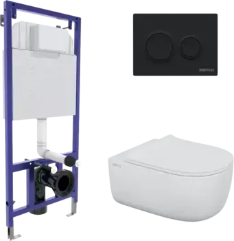 Комплект унитаза Berges EGO XL Rimless с инсталляцией Novum 525 белый, с сиденьем микролифт и клавишей смыва O5 soft touch черный матовый