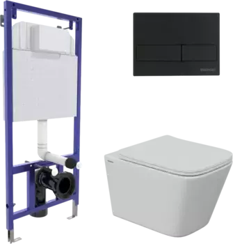 Комплект унитаза Berges Floe S Rimless с инсталляцией Novum 525 черный матовый, с сиденьем микролифт и клавишей смыва L5 soft touch черный матовый