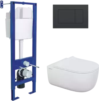 Комплект унитаза Ego Xl Rimless с инсталляцией Atom белый, с сиденьем микролифт и клавишей смыва soft touch черный матовый