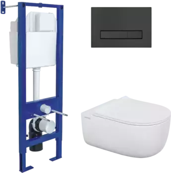 Комплект унитаза EGO XL Rimless с инсталляцией Atom Line белый, с сиденьем микролифт и клавишей смыва soft touch черный матовый