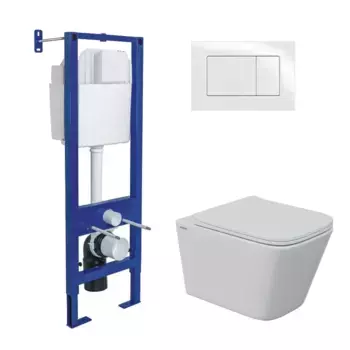 Комплект унитаза Floe S Rimless с инсталляцией Atom белый, с сиденьем микролифт и клавишей смыва белый