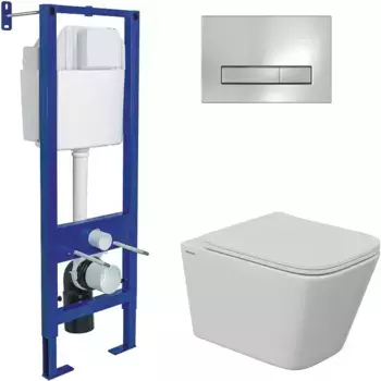 Комплект унитаза Floe S Rimless с инсталляцией Atom Line белый, с сиденьем микролифт и клавишей смыва хром глянец