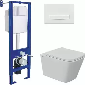 Комплект унитаза Floe S Rimless с инсталляцией Atom Line белый, с сиденьем микролифт и клавишей смыва белый