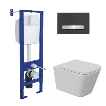 Комплект унитаза Floe S Rimless с инсталляцией Atom Line белый, с сиденьем микролифт и клавишей смыва черный, хром