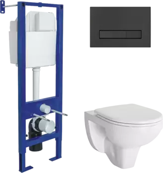 Комплект унитаза Gamma с инсталляцией Atom Line белый с сиденьем микролифт и клавишей смыва soft touch черный матовый