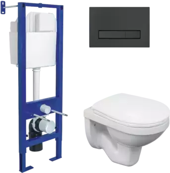 Комплект унитаза Gamma с инсталляцией Atom Line белый 043335 с сиденьем микролифт и клавишей смыва soft touch черный матовый