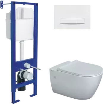 Комплект унитаза Mascon Rimless с инсталляцией Atom Line белый, с сиденьем микролифт и клавишей смыва белый