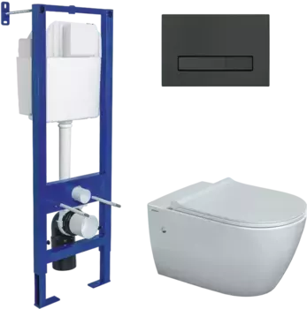 Комплект унитаза Mascon Rimless с инсталляцией Atom Line белый, с сиденьем микролифт и клавишей смыва soft touch черный матовый