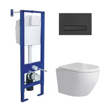 Комплект унитаза Okus Rimless с инсталляцией Atom Line белый, с сиденьем микролифт и клавишей смыва soft touch черный матовый