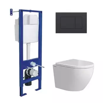 Комплект унитаза Okus Rimless с инсталляцией Atom белый с сиденьем микролифт и клавишей смыва soft touch черный матовый