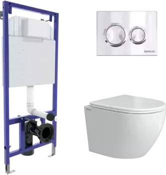 Комплект унитаза Okus Rimless с инсталляцией Novum белый, с сиденьем микролифт и клавишей смыва O3 хром глянец