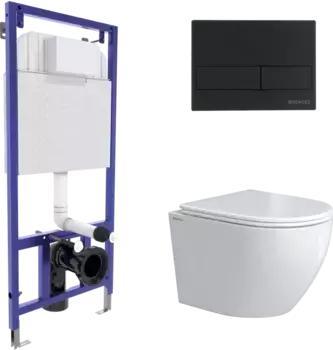 Комплект унитаза Okus Rimless с инсталляцией Novum белый, с сиденьем микролифт и клавишей смыва L5 soft touch черный матовый