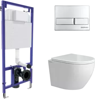 Комплект унитаза Okus Rimless с инсталляцией Novum белый, с сиденьем микролифт и клавишей смыва L3 хром глянец