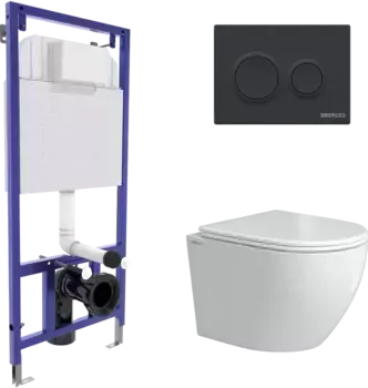 Комплект унитаза Okus Rimless с инсталляцией Novum белый, с сиденьем микролифт и клавишей смыва О5 soft touch черный матовый