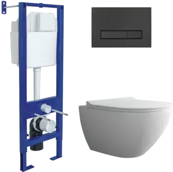 Комплект унитаза Puma Хl Rimless с инсталляцией Atom Line белый, с сиденьем микролифт и клавишей смыва soft touch черный матовый