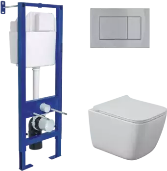 Комплект унитаза Quattro S Rimless с инсталляцией Atom белый, с сиденьем микролифт и клавишей смыва хром