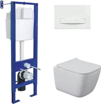 Комплект унитаза Quattro S Rimless с инсталляцией Atom Line белый, с сиденьем микролифт и клавишей смыва белый