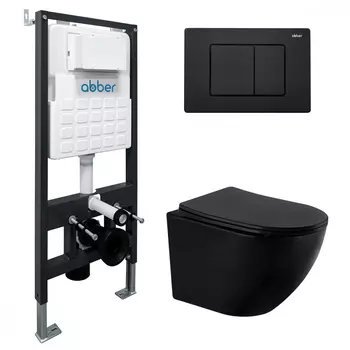 Комплект Abber Bequem AC1100MB-AC0105-AC0120MB, Унитаз подвесной безободковый, с микролифтом + Система инсталляции + Кнопка смыва черная матовая