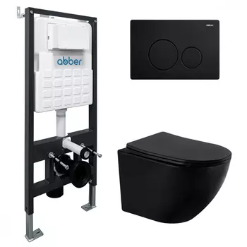 Комплект Abber Bequem AC1100MB-AC0105-AC0121MB, Унитаз подвесной безободковый, с микролифтом + Система инсталляции + Кнопка смыва черная матовая