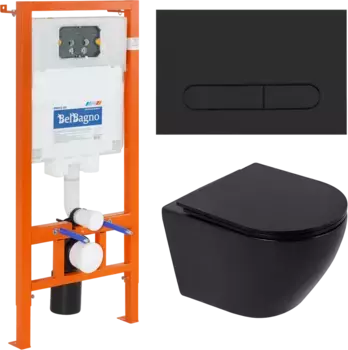Комплект унитаза с инсталляцией BelBagno Colorato с сиденьем микролифт и клавишей смыва черный матовый