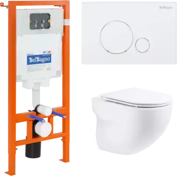 Комплект унитаза с инсталляцией BelBagno Onda с сиденьем микролифт и клавишей смыва белый глянец