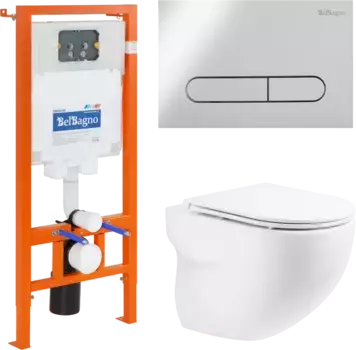 Комплект унитаза с инсталляцией BelBagno Onda с сиденьем микролифт и клавишей смыва хром