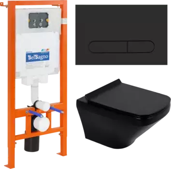 Комплект унитаза с инсталляцией BelBagno Senso-R с сиденьем микролифт и клавишей смыва черный матовый