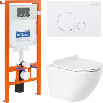 Комплект унитаза с инсталляцией BelBagno Sfera-R с сиденьем микролифт и кнопкой смыва белый глянцевый