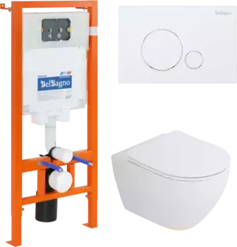 Комплект унитаза с инсталляцией BelBagno Stylus со смывом Tornado с сиденьем микролифт и кнопкой смыва белый глянцевый