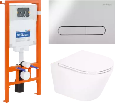 Комплект унитаза с инсталляцией BelBagno Tre с сиденьем микролифт и клавишей смыва хром