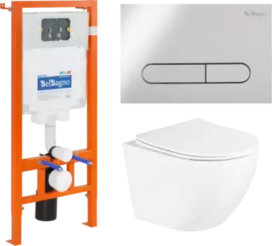Комплект унитаза с инсталляцией BelBagno Uno с сиденьем микролифт и клавишей смыва хром