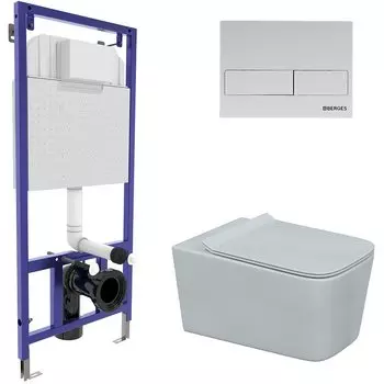 Комплект унитаза с инсталляцией Berges Floe с сиденьем микролифт и белой матовой кнопкой смыва