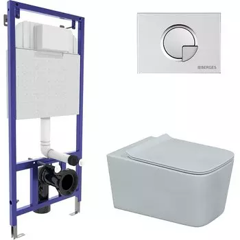 Комплект унитаза с инсталляцией Berges Floe с сиденьем микролифт и кнопкой смыва хром матовый