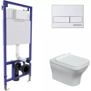 Комплект унитаза с инсталляцией Berges Novum с сиденьем микролифт и клавишей смыва хром матовый