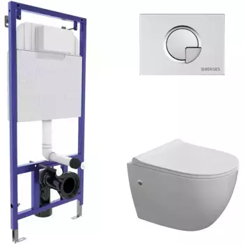 Комплект унитаза с инсталляцией Berges Okus с сиденьем микролифт и хром матовый кнопкой смыва