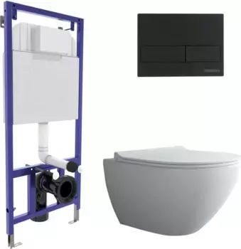 Комплект унитаза с инсталляцией Berges Puma с сиденьем микролифт и кнопкой смыва черной