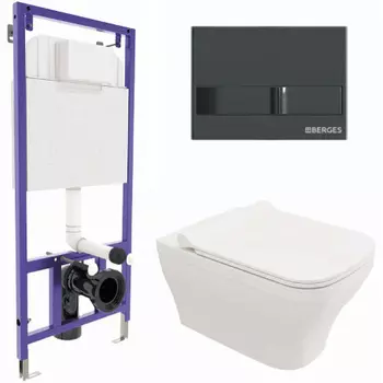Комплект унитаза с инсталляцией Berges Strati с сиденьем микролифт и черной глянцевой клавишей смыва
