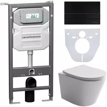 Комплект Унитаз подвесной Ceramicanova Balearica CN6000 безободковый, с микролифтом + Инсталляция Envision CN1002B + Кнопка Flat, матовая черная