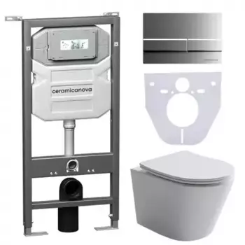 Комплект Унитаз подвесной Ceramicanova Balearica CN6000 безободковый, с микролифтом + Инсталляция Envision CN1002M + Кнопка Flat, матовый хром