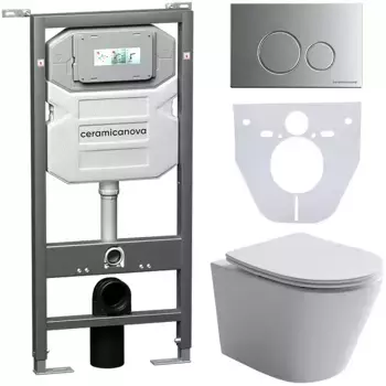 Комплект Унитаз подвесной Ceramicanova Balearica CN6000 безободковый, с микролифтом + Инсталляция Envision CN1001M + Кнопка Round, матовый хром