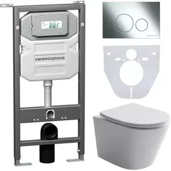 Комплект Унитаз подвесной Ceramicanova Balearica CN6000 безободковый, с микролифтом + Инсталляция Envision CN1001CH + Кнопка Round, хром
