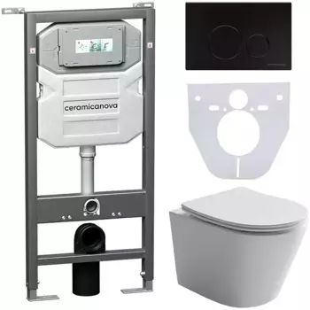 Комплект Унитаз подвесной Ceramicanova Balearica CN6000 безободковый, с микролифтом + Инсталляция Envision CN1001B + Кнопка Round, матовая черная