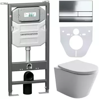 Комплект Унитаз подвесной Ceramicanova Balearica CN6000 безободковый, с микролифтом + Инсталляция Envision CN1002CH + Кнопка Flat, хром