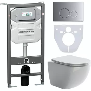 Комплект Унитаз подвесной Ceramicanova Forma CN3009 безободковый, с микролифтом + Инсталляция Envision CN1001M + Кнопка Round, матовый хром
