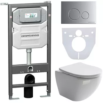 Комплект Унитаз подвесной Ceramicanova Metropol CN4002 безободковый, с микролифтом + Инсталляция Envision CN1001M + Кнопка Round, матовый хром