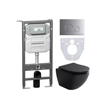 Комплект Унитаз подвесной Ceramicanova Metropol CN4002MB безободковый, с микролифтом + Инсталляция Envision CN1001M + Кнопка Round, матовый хром