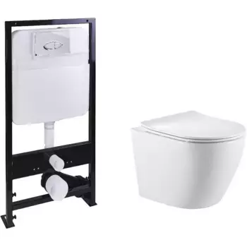 Комплект Унитаз подвесной SantiLine SL-5025 безободковый, с микролифтом, система смыва Tornado + Инсталляция SantiLine SL-01 с кнопкой смыва хром