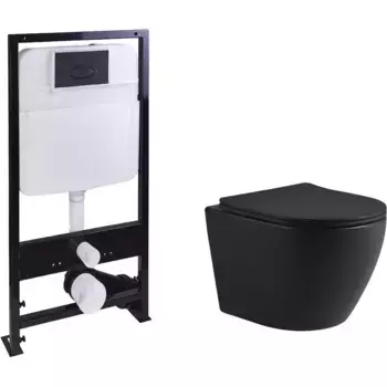 Комплект Унитаз подвесной SantiLine SL-5025MB безободковый, с микролифтом, система смыва Tornado + Инсталляция SantiLine SL-03 с черной кнопкой смыва