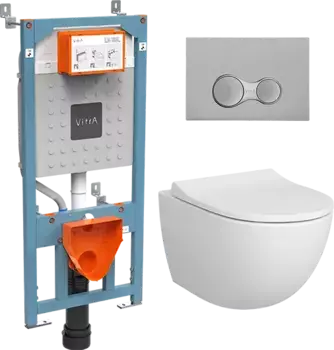 Комплект унитаза с инсталляцией Vitra Sento Rim-Ex с сиденьем микролифт и клавишей смыва хром матовый